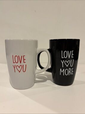 Love You / Love You More Ceramic Mug Pair - White & Black, perfect condition